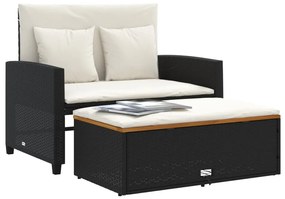 2 személyes fekete polyrattan/akácfa kerti kanapé párnával