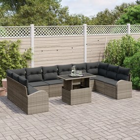 11 részes kerti kanapé szett párnákkal szürke poli rattan, 2 fős kerti kanapé tárolóval és párnákkal szürke poli rattan
