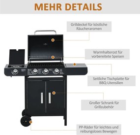 Outsunny Gázgrill 3 fő égővel + 1 oldalsó égővel, tárolópolccal, rozsdamentes acél, fekete