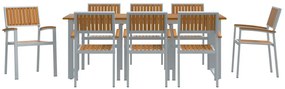 9 darabos kerti étkező szett szürke acélből és tömör akácfából
