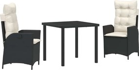 vidaXL Kert étkező szett párnával 3 pcs Fekete polirattan