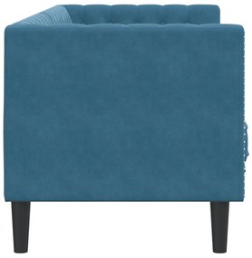 3 személyes kék bársony Chesterfield kanapé hengerpárnákkal