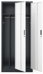 Pléh öltözőszekrény talpazaton, kétmodulos, polccal és köztes fallal KACPER, 800 x 1800 x 500 mm, antracit-fehér