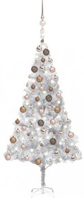 Ezüstszínű PET műkarácsonyfa LED-ekkel és gömbszettel 180 cm