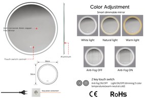 Erga Carla, kerek LED tükör 50cm, 1150 lm, 3 színű fény, ERG-V01-208-5050