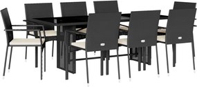 vidaXL 9 részes fekete polyrattan kerti étkezőgarnitúra párnákkal