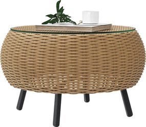 Outsunny Poly Rattan Kerek Kávézó Asztal Üveglappal - Balkon Asztal Kert Asztal Tea Asztal Rattan Asztal a Kerthez, Teraszhoz, Balkonhoz, Ø75 x 42 cm