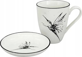 2 darabos szett Bögre 450ml és tál Bird, fehér/fekete