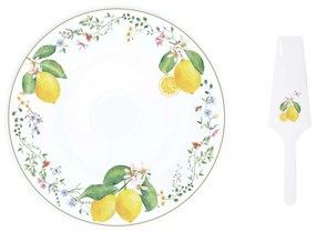 Mediterrán porcelán citrom mintás tortatál lapáttal 32 cm Fleurs et Citrons