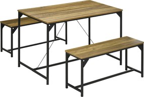 HOMCOM Étkezőasztal Szett 2 Padlóval Acél Váz 4 Fős Asztal 120 x 70 x 75 cm Pad 100 x 30 x 45 cm Konyhához Étkezőhöz Nappalihoz Természetes és Fekete