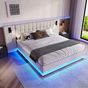 Kárpitozott ágy, 180 x 200 cm Dupla ágy Usb Led Ágyneműhuzat, bézs