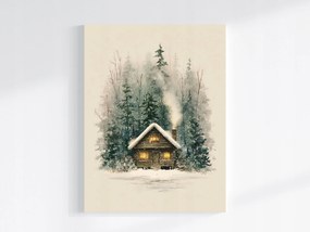 Vászonkép Canvas Tájkép Erdő Ház Kunyhó Tél Hó Este 75x100