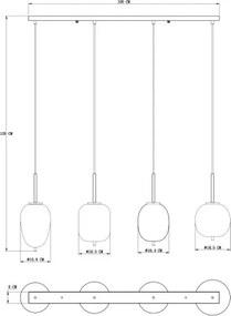 Globo 15345-4 Függeszték fekete fém váz, füstszínű 4 különböző méretű, és formájú üvegbúrával. HxSZxM1000x185x1200, exkl. 4xE14 40W 230V