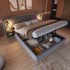 Kárpitozott ágy Hidraulikus franciaágy 180 x 200 cm Led Usb szürke