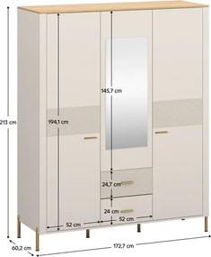 Szekrény tükörrel, kasmír/kő tölgy, RUNOL 3D2S