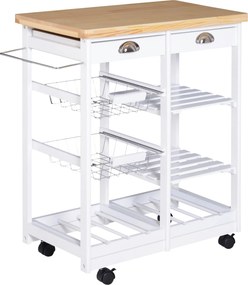 HOMCOM Többfunkciós Konyhai Kocsi 2 Fiókkal, 6 Üveg Tartóval, 2 Oldalsó Polccal és 2 Kosárral, Fenyőfából, 74x37x76 cm, Fehér | Aosom