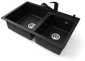 Gránit mosogatótálca NERO Palazzo + kihúzható zuhanyfejes Shower csaptelep + adagoló (matt fekete)