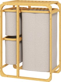 HOMCOM Helytakarékos Mosoda Kosár, Elegáns Kosár 3 Kivehető Textil Táskával és Polccal, Bambusz, 50x32x69.7 cm, Bambusz és Krém Szín | Aosom