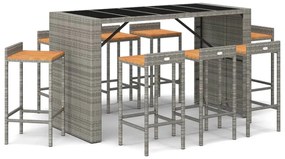 9 részes szürke polyrattan és tömör akácfa kerti bárszett