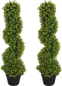 HOMCOM 2 darabos Műanyag Spirál Boxtree, 90 cm-es Benti Növény, UV-védelemmel ellátott Műnövény, Nagy Dekoratív Növény Földedényben Otthonra, Irodába,