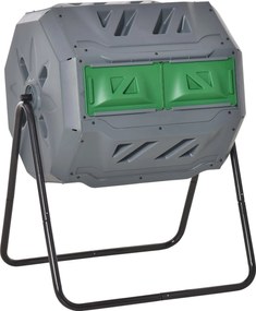 Outsunny 160L Komposztáló, 71cm x 65cm x 96cm Forgó Gyors Komposztáló Műanyagból, Thermokomposztáló 2 Kamrával, Biológiai és Kerti Hulladékhoz, Szürke