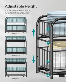 VASHOME konyhai rendező, 2 szintes egymásra helyezhető mosogató alatti rendszerező, fekete, 36x21x25-31cm