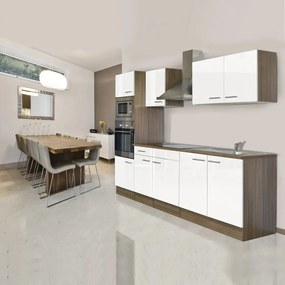 Yorki konyhabútor Yorki tölgy korpusszal, selyemfényű fehér fronttal 270 cm-es méretben