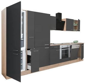 Yorki 370 konyhabútor sonoma tölgy korpusz,selyemfényű antracit front alsó sütős elemmel polcos szekrénnyel és alulfagyasztós hűtős szekrénnyel