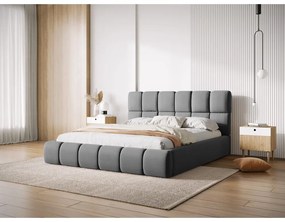 Szürke bársony kárpitozott ágyneműtartós franciaágy ágyráccsal 200x200 cm Bellis – Micadoni