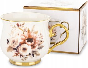 Porcelán bögre 430 ml Fehér Virágok Arany Elegáns Ajándék Doboz