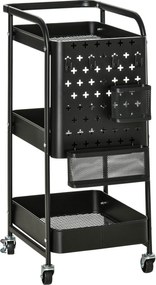 HOMCOM 3 Szintes Konyhai Kocsi Kerekekkel, Akasztókkal és Kosárral, Fekete | Aosom