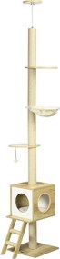 PawHut Macska Fa, Padlótól a Mennyezetig Érő Karcoló, 240-260 cm, Mászófa Macska Házzal, Kender Kötél Posztokkal, Hintaágy, Macska Létra, Játék Gömb,