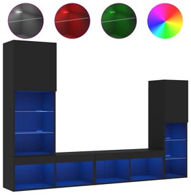 4 darab fekete szerelt fa fali TV-bútor LED-del
