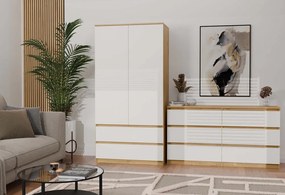 M6 140 fiókos szekrény, 138x75x40 cm, tölgy-fehér