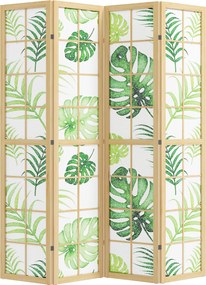HOMCOM 4 paneles összecsukható paraván, 160 × 1,8 × 170 cm — pálmaleveles mintájú fenyőkeretes álló válaszfal (natúr & zöld) | Aosom