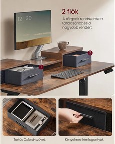 Magasságállítható elektromos íróasztal, 60 x 120 cm, vintage barna/fekete, cserélhető állítható lábakkal és görgőkkel