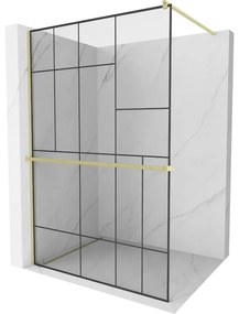 Mexen Kioto+, Walk-In zuhany paraván polccal és akasztóval 90 x 200 cm, 8 mm átlátszó üveg fekete mintás, arany matt profil, 800-090-121-55-78