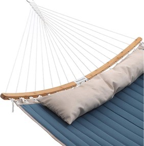 Párnázott dupla hintaágy, levehető ívelt bambusz rúddal, kék és bézs