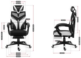 Gamer szék ergonomikus lábtartóval, fekvőtámasz , fekete-fehér.