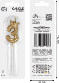 Arany Champagne Crown 3-as számgyertya, tortagyertya 6 cm