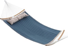 Párnázott dupla hintaágy, levehető ívelt bambusz rúddal, kék és bézs