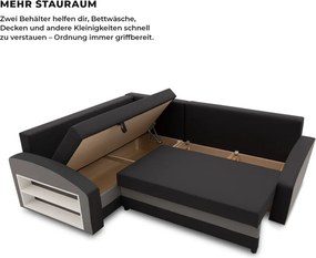 Grande sarokkanapé polcokkal , polc a bal karfaban, baloldali, szövet anyag, bonell töltet, fekete - szürke