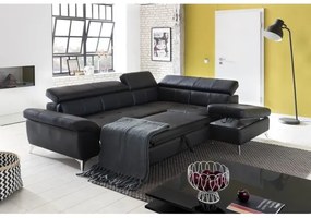 Fekete, jobb oldali, bőrkárpitos, L-alakú SALERNO II sarokkanapé, ággyá nyitható