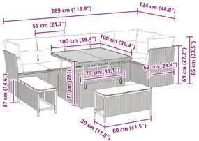 9 Részes Kerti Kanapészett Párnákkal Fekete Poli Rattan Akácia, 3 Részes Kerti Étkezőszett Párnákkal Fekete Poli Rattan Akácia