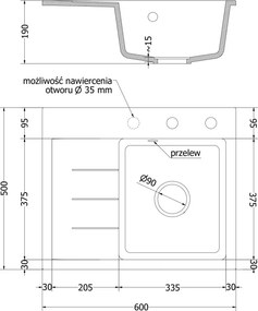 Mexen Ben gránit mosogató egy tálcás lecsöpögtetővel, jobb oldali 600 x 500 mm, fehér, arany szifonnal - 6523605000-20-G