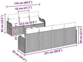 8 részes kerti kanapé szett párnákkal világosszürke poli rattan, 2 személyes kerti kanapé párnákkal világosszürke poli rattan