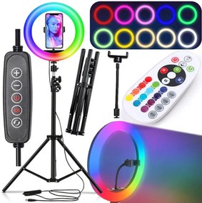 TikTok Állítható okostelefon állvány + selfie gyűrűs LED 100 W RGB lámpa távirányítóval, 210 cm