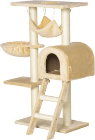 PawHut Macska Kaparófája 98 cm Magas Mászó Torony Bújó Kosárral, Hintaággyal, Lépcsőkkel és Természetes Szizál Posztokkal 54x29.5x98 cm Bézs | Aosom