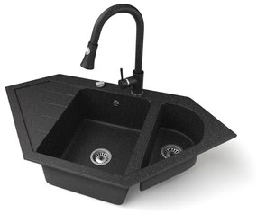 Gránit mosogató NERO Joker + kihúzható zuhanyfejes Snake csaptelep + dugókiemelő (fekete)