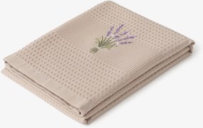 Goldea hímzett waffle konyharuha - levandula mintás barna alapon 50 x 70 cm